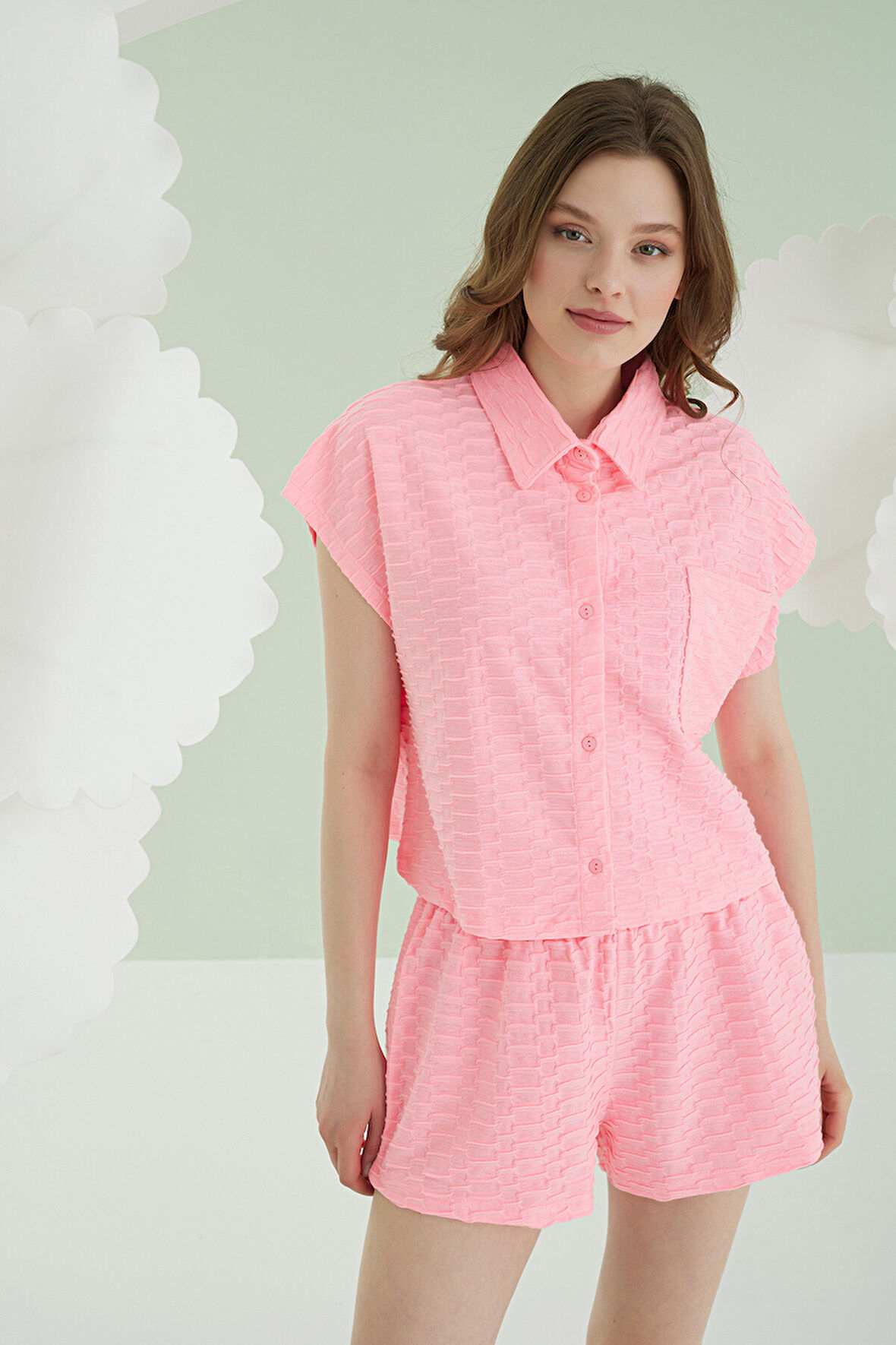 Fuşya Şortlu Önden Düğmeli Pijama Takımı