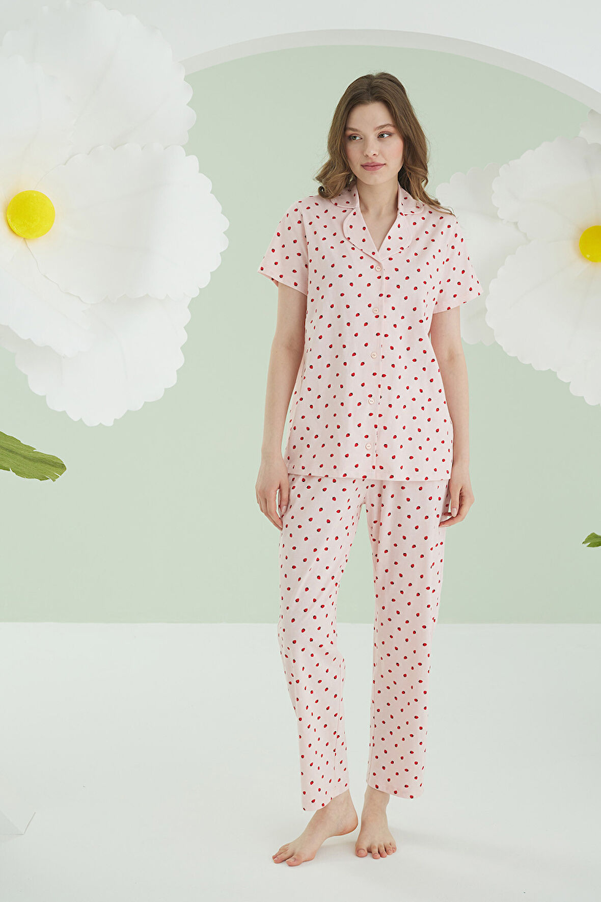 Pembe Berry Önden Düğmeli Pijama Takımı
