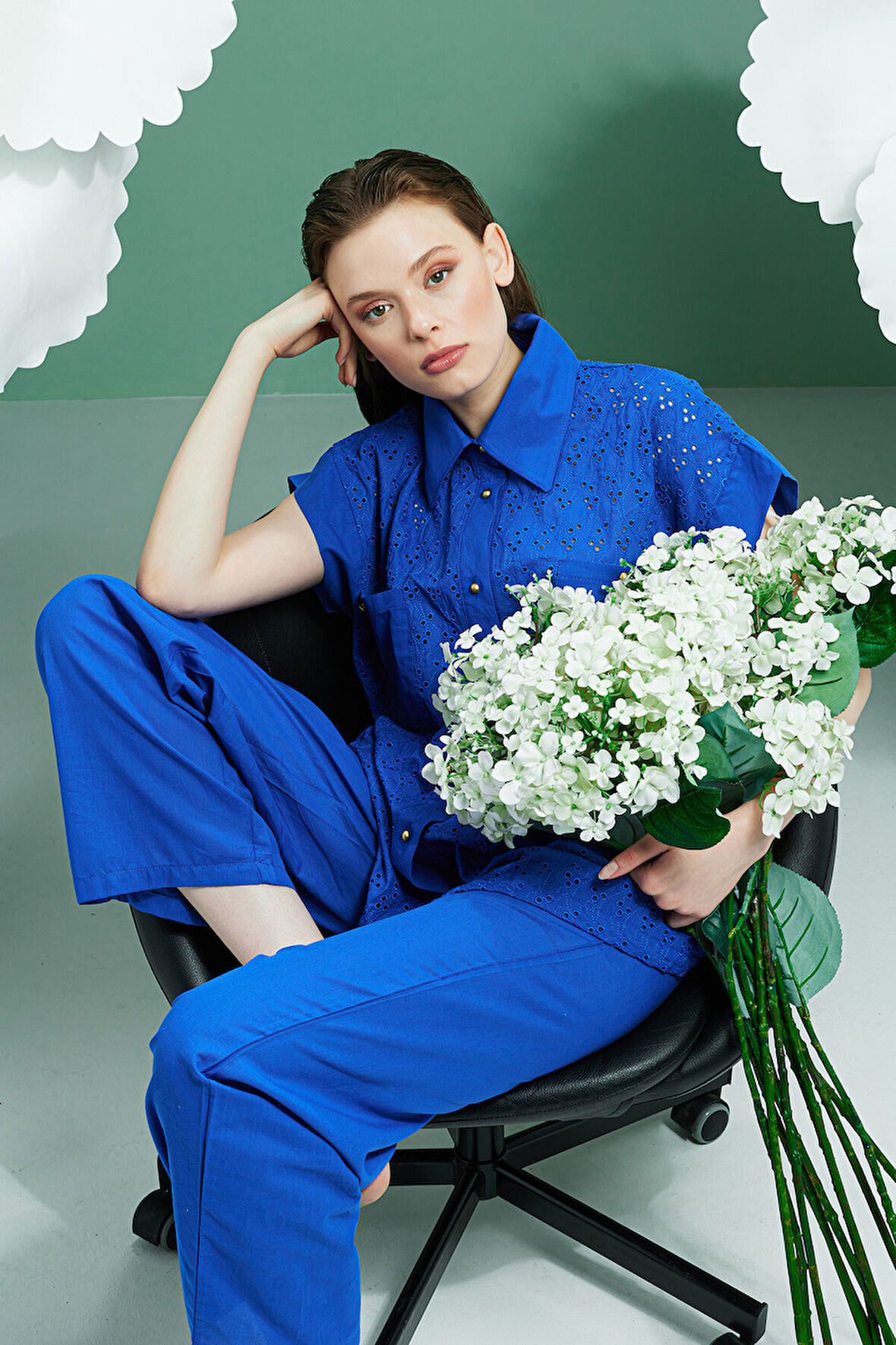 Mavi Hole Önden Düğmeli Pijama Takımı