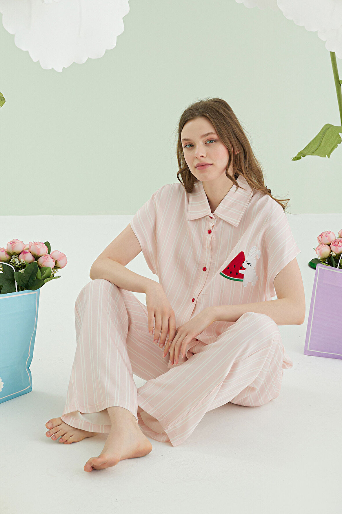 Pembe Karpuz Desenli Önden Düğmeli Pijama Takım