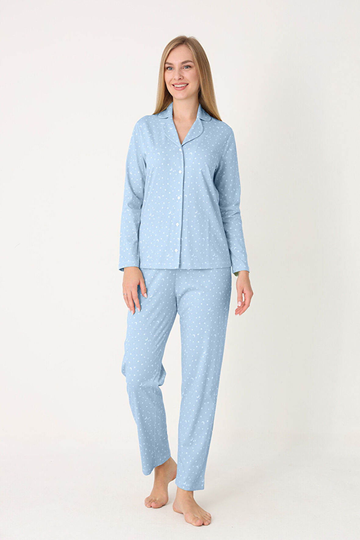 Mavi Moon And Stars Önden Düğmeli Pijama Takım