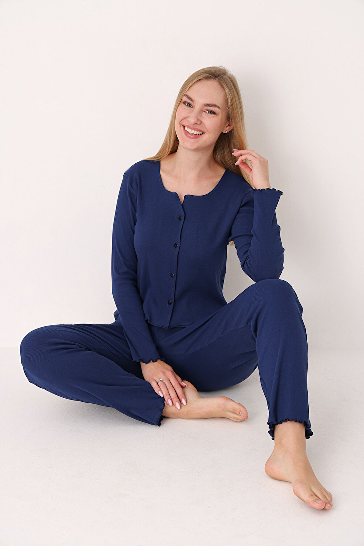 Lacivert Önden Düğmeli Pijama Takımı