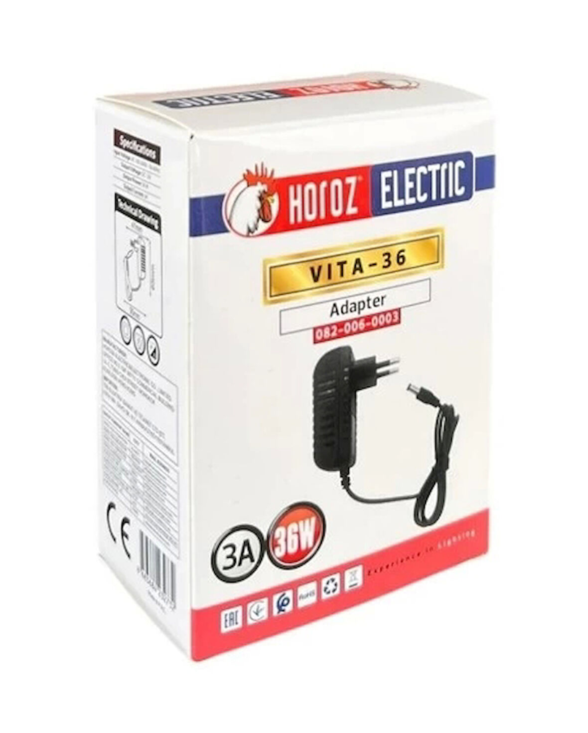 HOROZ VITA-36 12v 3A Fişli Adaptör Plastik Kasa 36w IP44 5.5x2.5mm Jaklı (12 Volt 3 Amper)