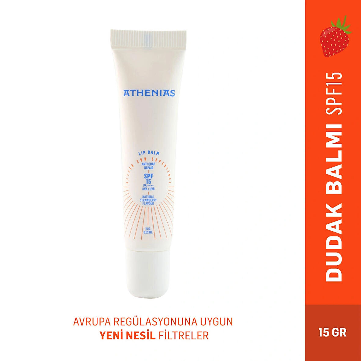 ATHENIAS Lip Balm Anti Chap SPF15 Organik Çilek Aromalı Dudak Bakımı Çatlak Karşıtı 15 gr