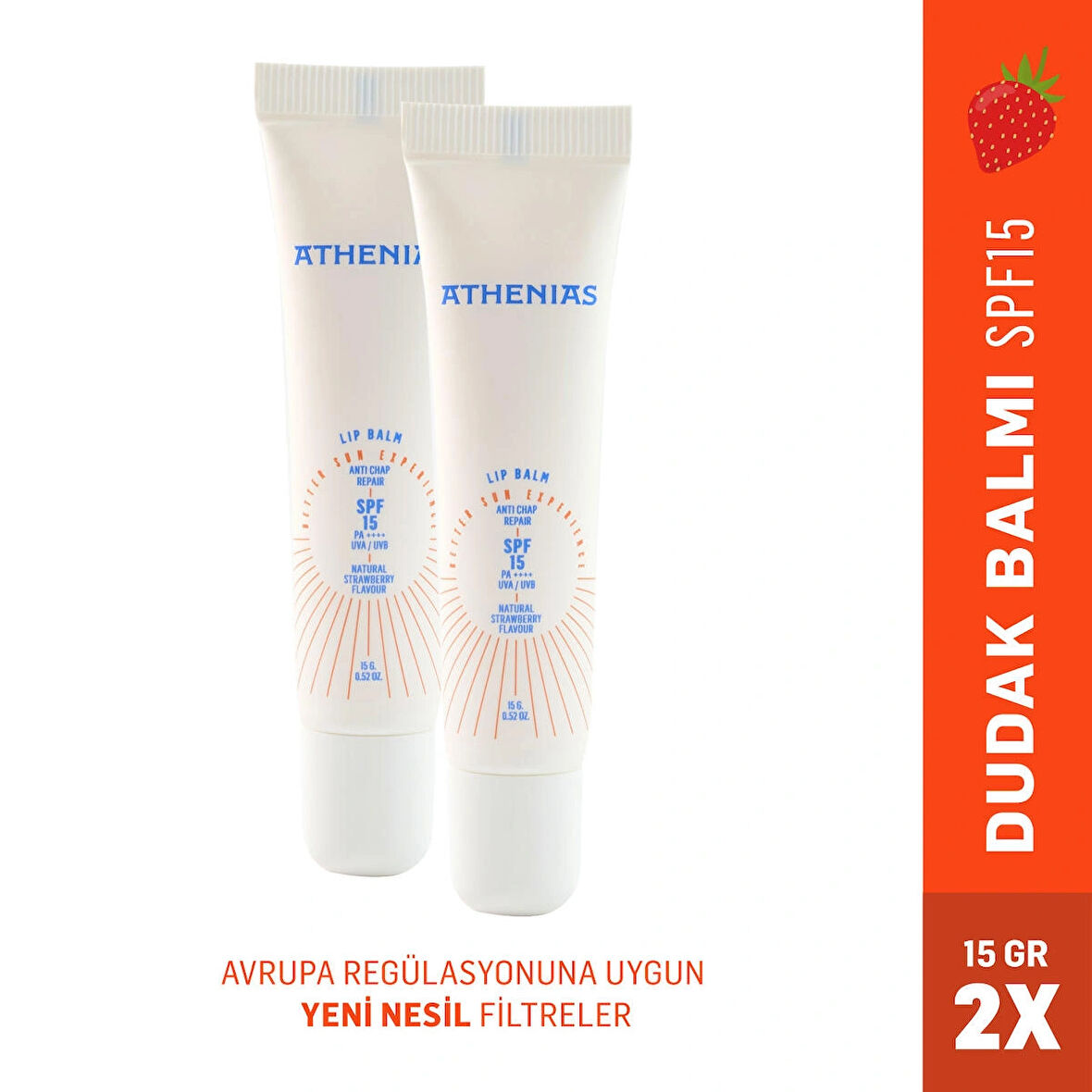 ATHENIAS Athenıas Lip Balm Anti Chap SPF15 Organik Çilek Aromalı Dudak Bakımı Çatlak Karşıtı 15 gr x 2 Adet