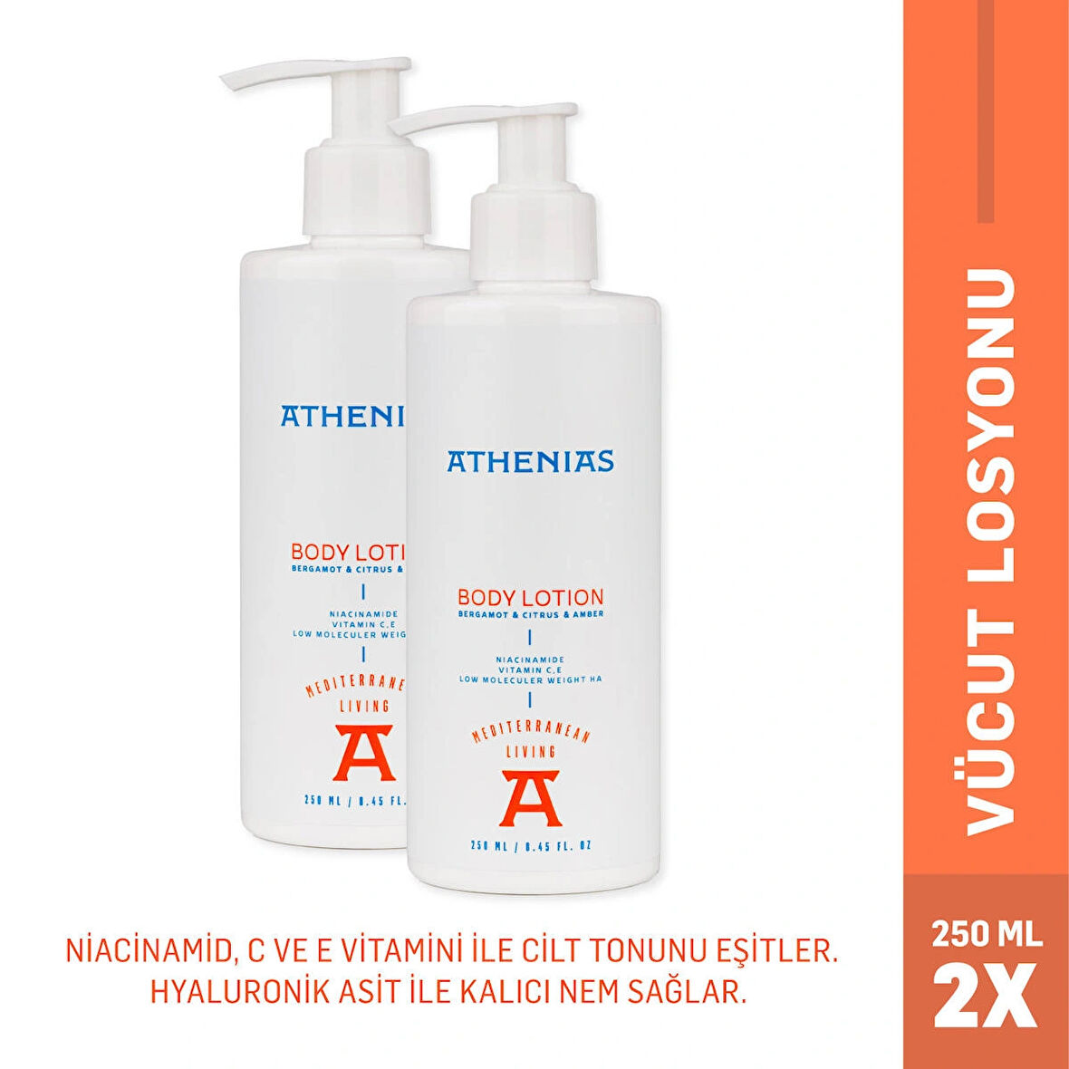 ATHENIAS Niacinamide, E ve C Vitamini Içeren Vücut Losyonu 250 ml Uzun Süre Nem x 2 Adet
