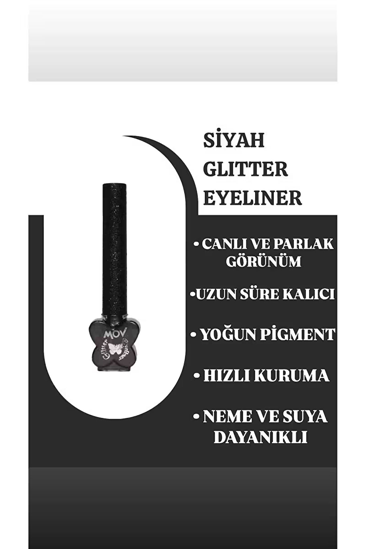 MOV Glitter Eyeliner Siyah – Işıltılı Siyah Kalem Eyeliner – Suya & Tere Dayanıklı, Parlak Görünüm