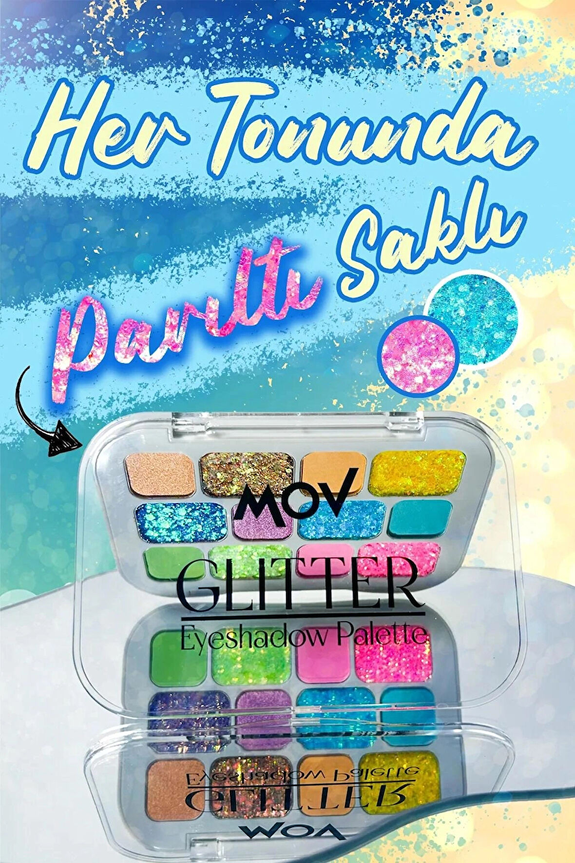 MOV Glitter 12’li Far Paleti No:04 – 13,5 g – Işıltılı & Yarı Mat Tonlar – Yüksek Pigmentasyon & Uzun Süre Kalıcılık