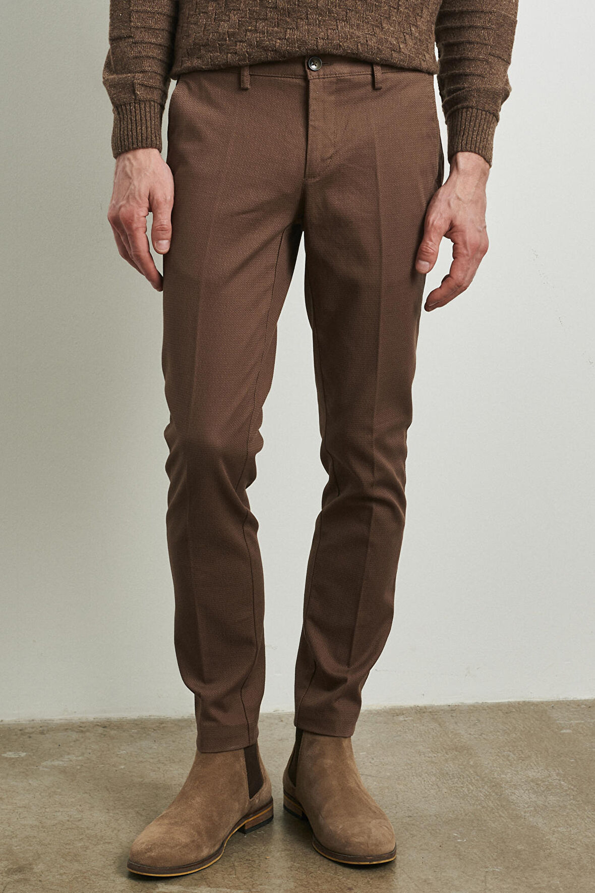 Erkek Camel Slim Fit Dar Kesim Armürlü Esnek Casual Pantolon