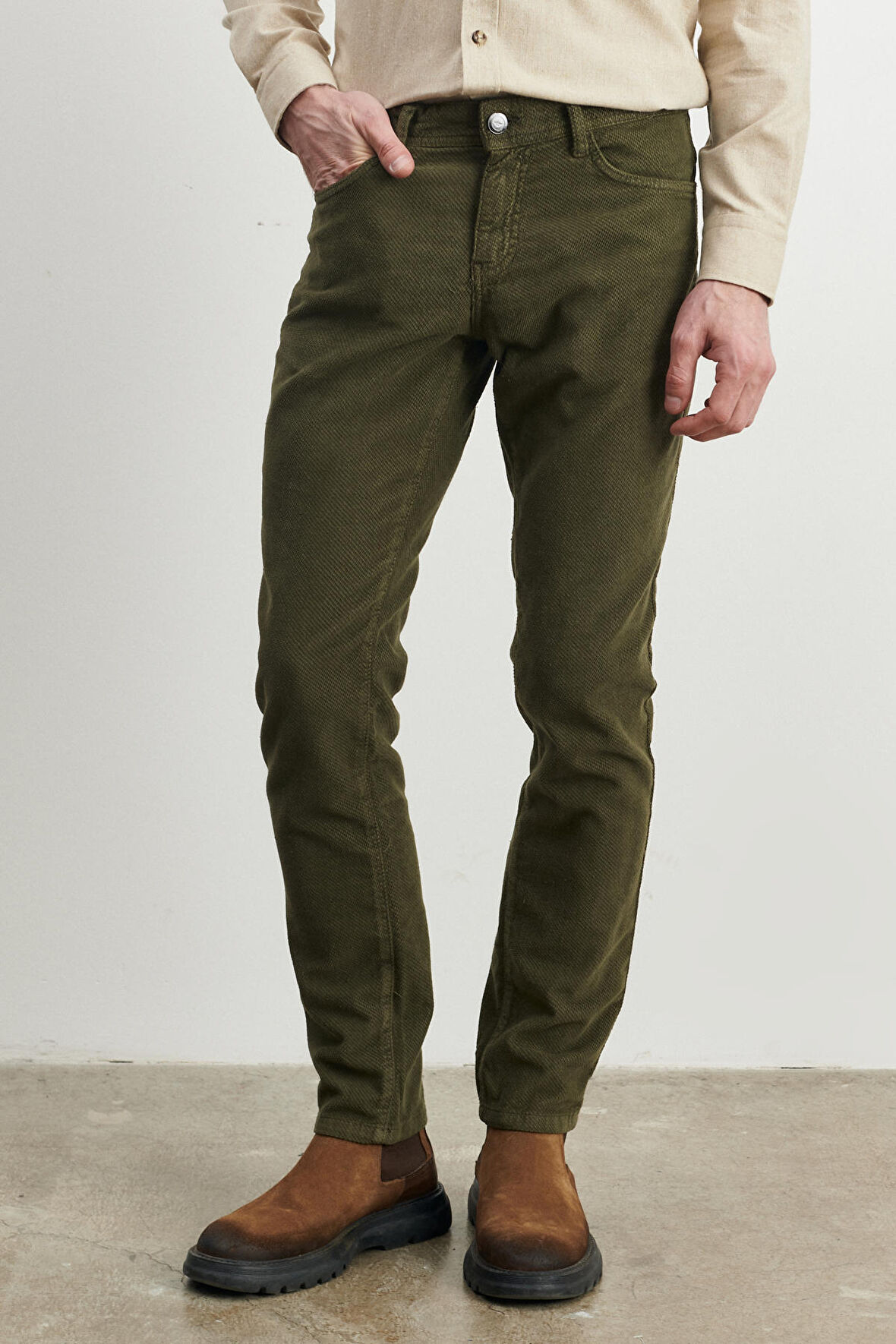 Erkek Haki Slim Fit Dar Kesim Esnek Kadife Pantolon