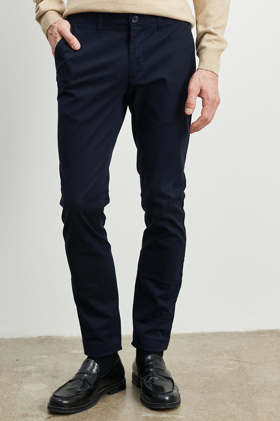 Erkek Lacivert Slim Fit Dar Kesim Esnek Chino Pantolon