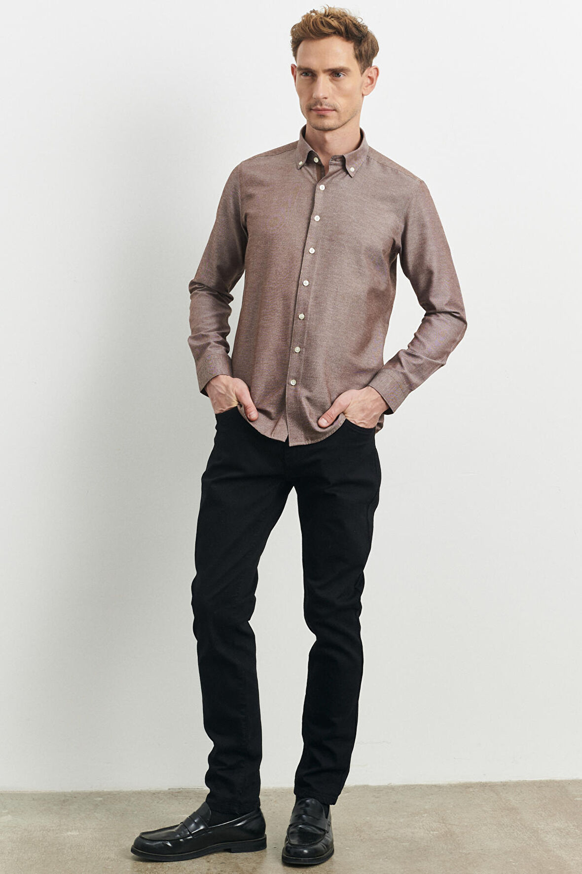 Erkek Vizon Slim Fit Dar Kesim Pamuklu Gizli Düğmeli Yaka Uzun Kollu Oxford Gömlek