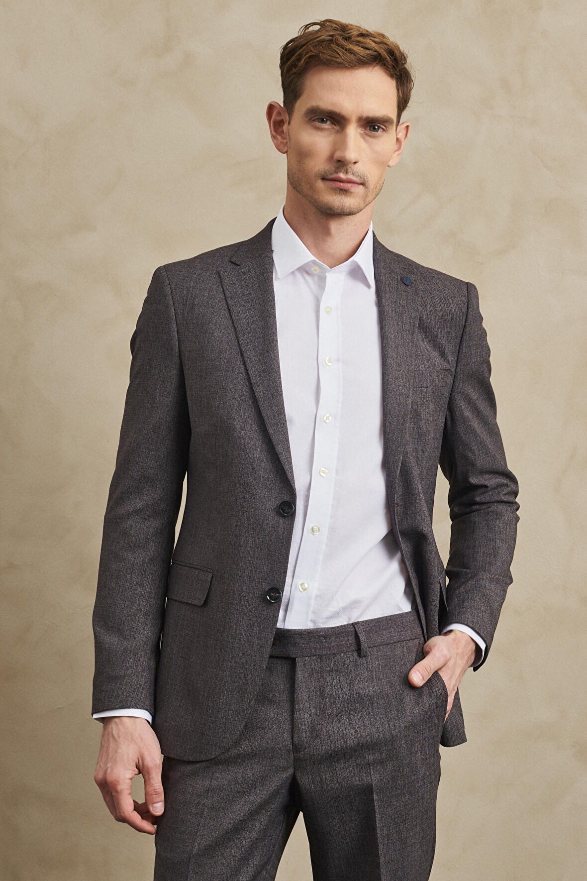 Erkek Bordo Slim Fit Dar Kesim Mono Yaka Desenli Takım Elbise