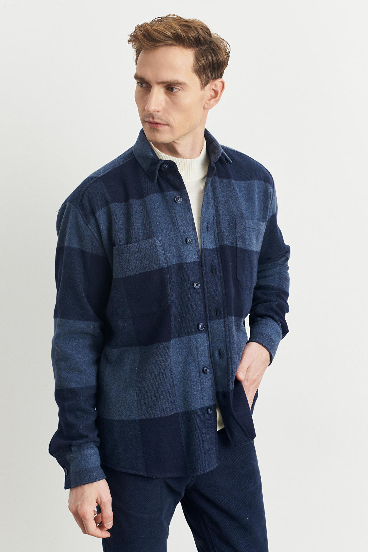 Erkek Lacivert-saks Oversize Bol Kesim Düğmeli Yaka Ekose Desenli Oduncu Gömlek Ceket