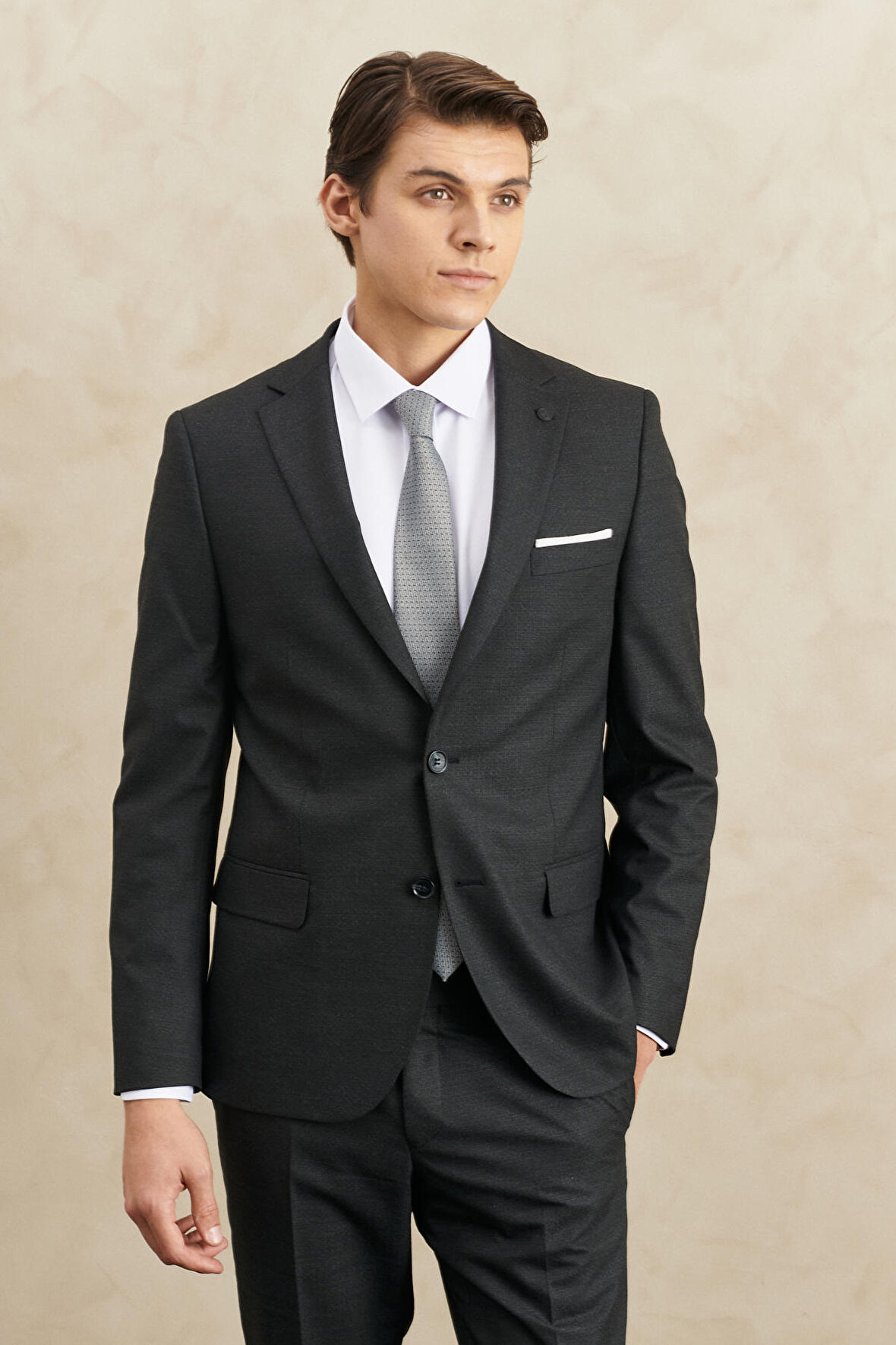 Erkek Antrasit Slim Fit Dar Kesim Mono Yaka Çizgili Takım Elbise