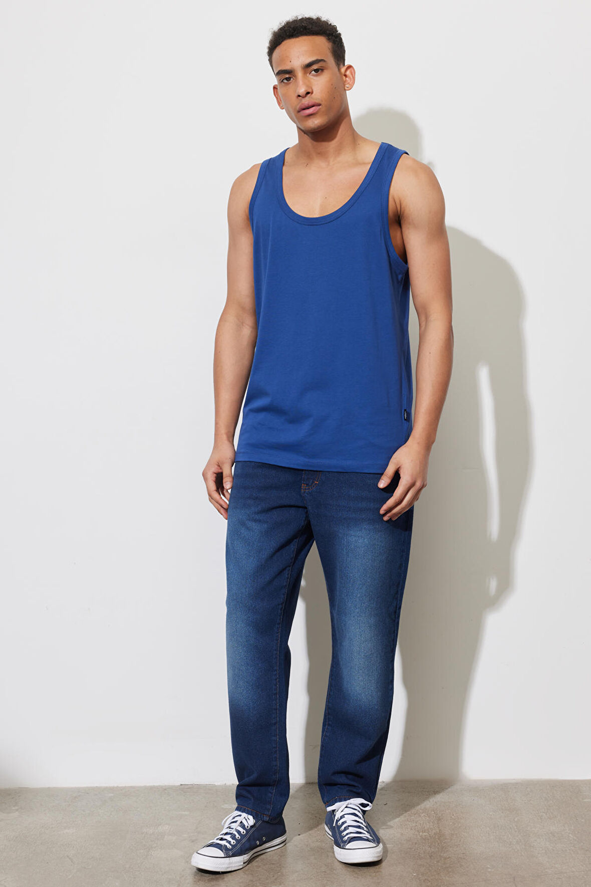 Erkek Açık Lacivert Slim Fit Dar Kesim Bisiklet Yaka Spor Atlet Tişört