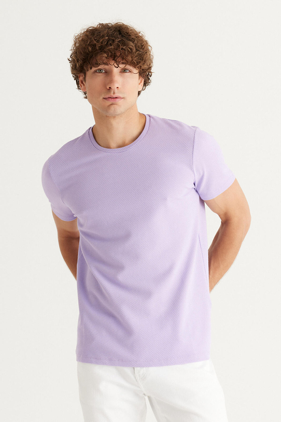 Erkek Lila Slim Fit Dar Kesim Bisiklet Yaka Kısa Kollu Yumuşak Tuşeli Basic Tişört