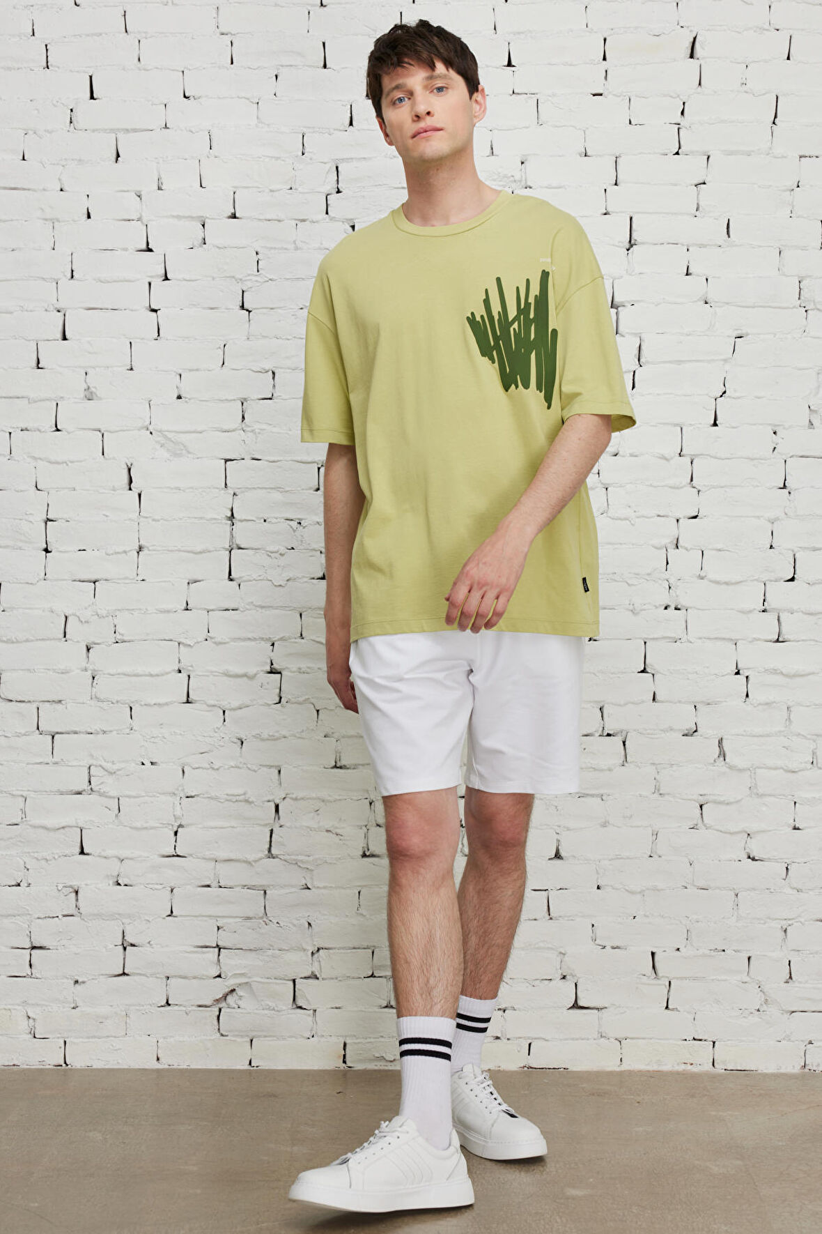 Erkek Yeşil Oversize Bol Kesim %100 Pamuk Bisiklet Yaka Baskılı Tişört