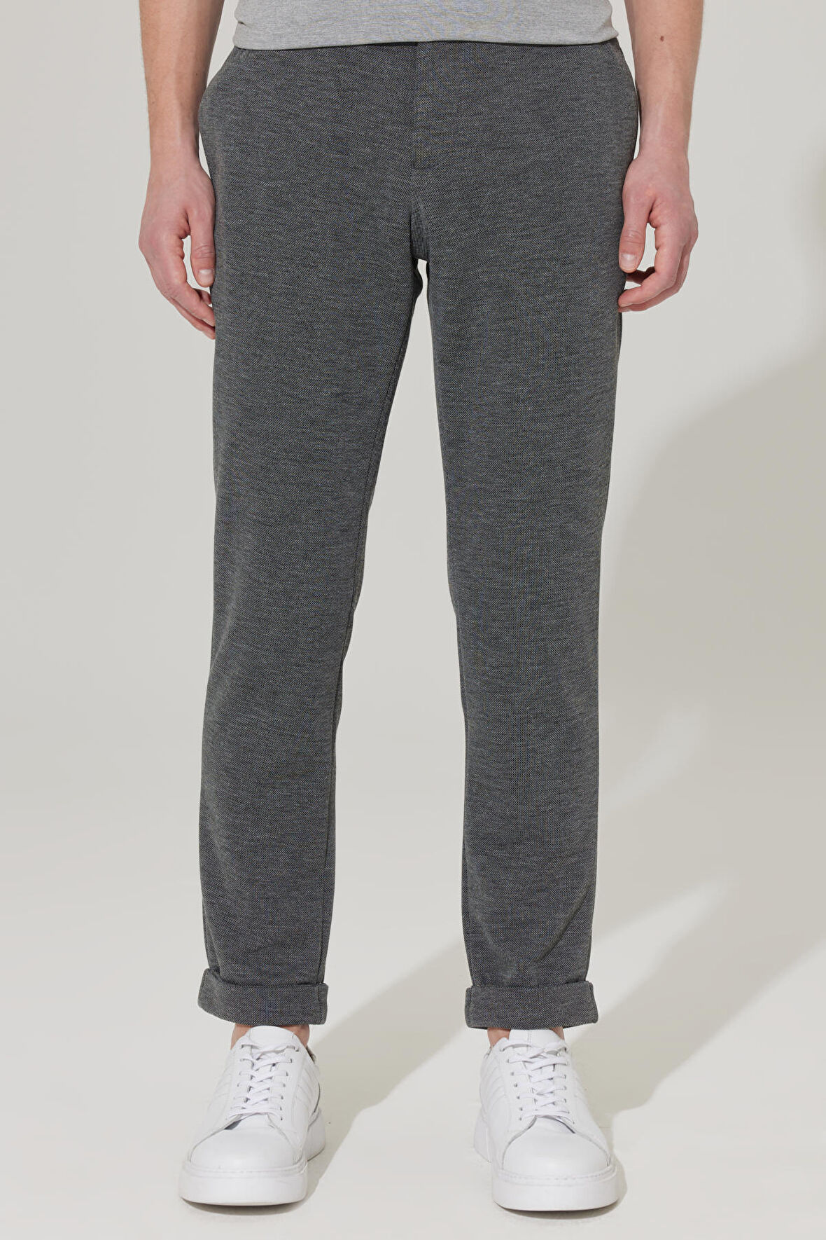 Erkek Antrasit Slim Fit Dar Kesim Kuşgözü Desenli Beli Bağlamalı Jogger Pantolon