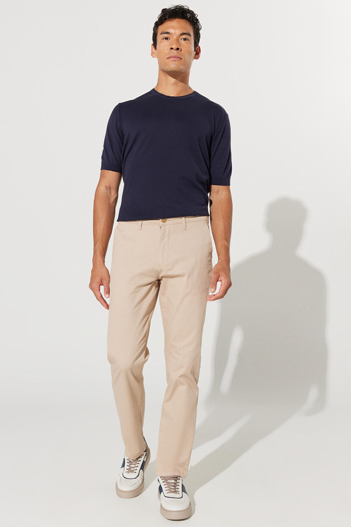 Erkek Bej Comfort Fit Rahat Kesim Yan Cepli Pamuklu Desenli Esnek Pantolon