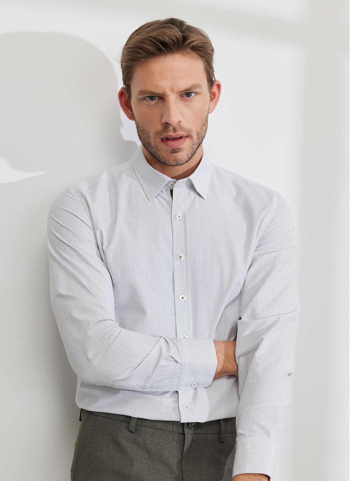 Altınyıldız Classics Slim Fit Düğmeli Yaka Beyaz Melanj Erkek Gömlek 4A2023200016