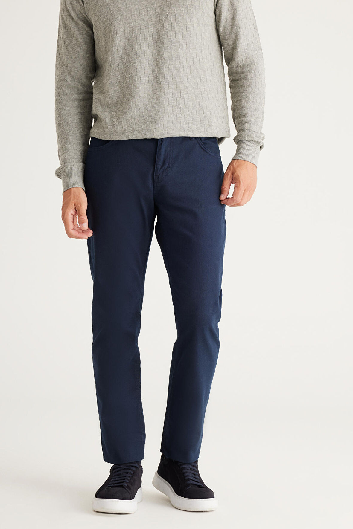 Erkek Lacivert 360 Derece Her Yöne Esneyen Slim Fit Dar Kesim Diyagonal Desenli Pantolon