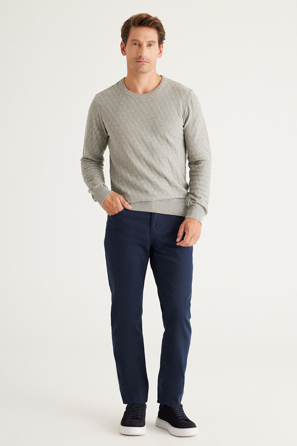 Erkek Lacivert 360 Derece Her Yöne Esneyen Slim Fit Dar Kesim Diyagonal Desenli Pantolon