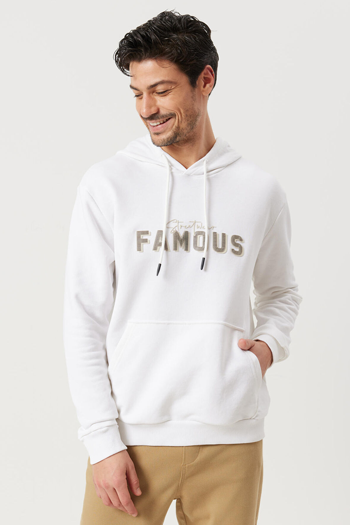 Erkek Ekru Slim Fit Dar Kesim Kapüşonlu Pamuklu Rahat Sweatshirt