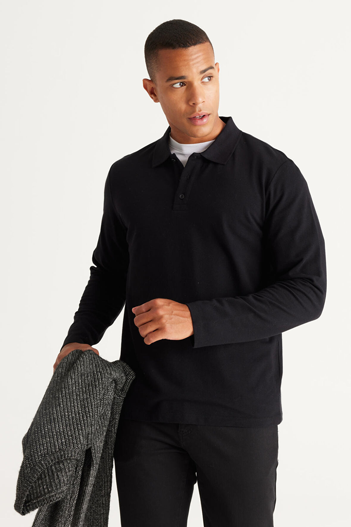 Erkek Siyah Standart Fit Normal Kesim 3 Iplik Içi Polarlı %100 Pamuk Polo Yaka Sweatshirt