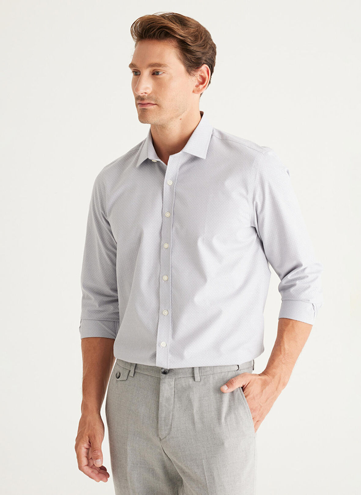 Altınyıldız Classics Slim Fit Düğmeli Yaka Açık Gri Erkek Gömlek 4A2024100021