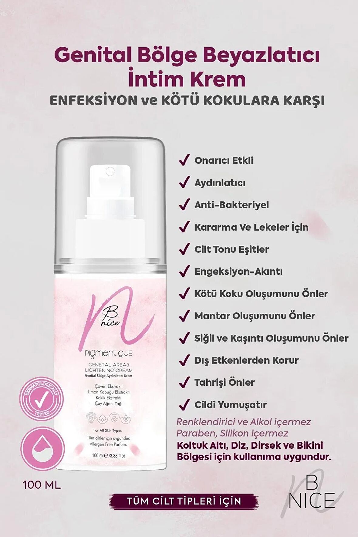 BNICE Genital Bölge Beyazlatıcı İntim Krem - Koltuk Altı Diz Dirsek Kararma Karşıtı - 100ML