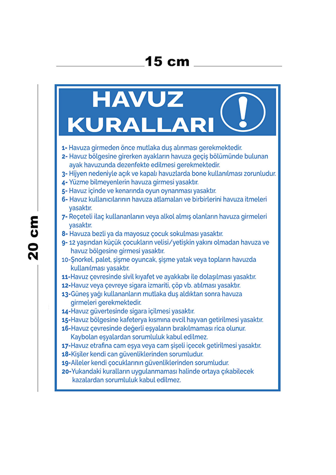 Lucena Metal Havuz Kuralları 15 cm x 20 cm Uyarı Levhası Yönlendirme Tabelası