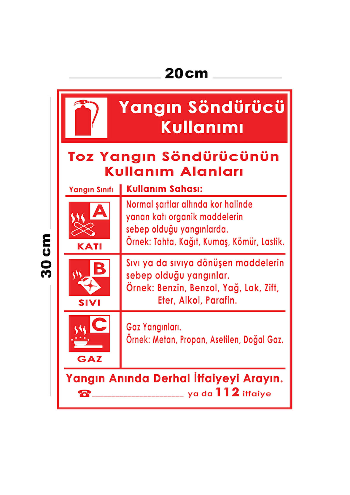 Metal Yangın Söndürücü Kullanımı 20cm x 30cm A4 Büyüklüğünde Uyarı Levhası Yönlendirme Tabelası