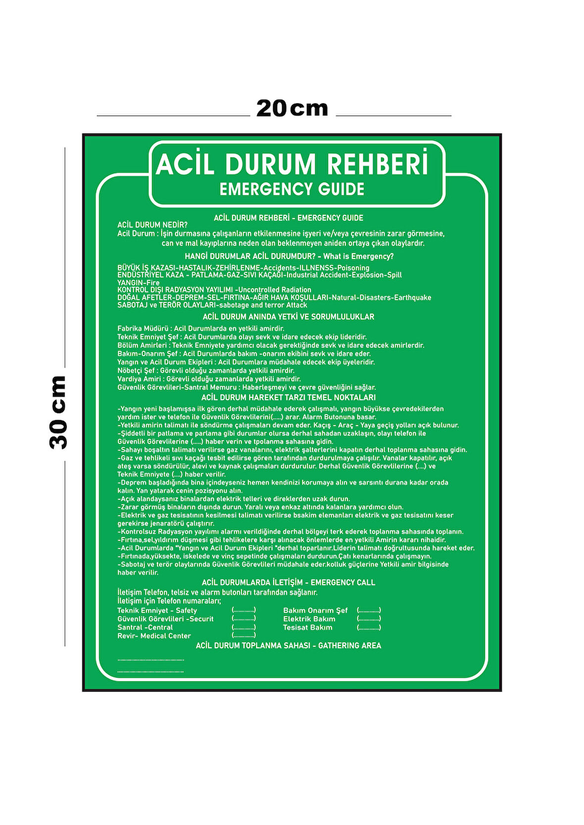 Metal Acil Durum Rehberi 20cm x 30cm A4 Büyüklüğünde Uyarı Levhası Yönlendirme Tabelası