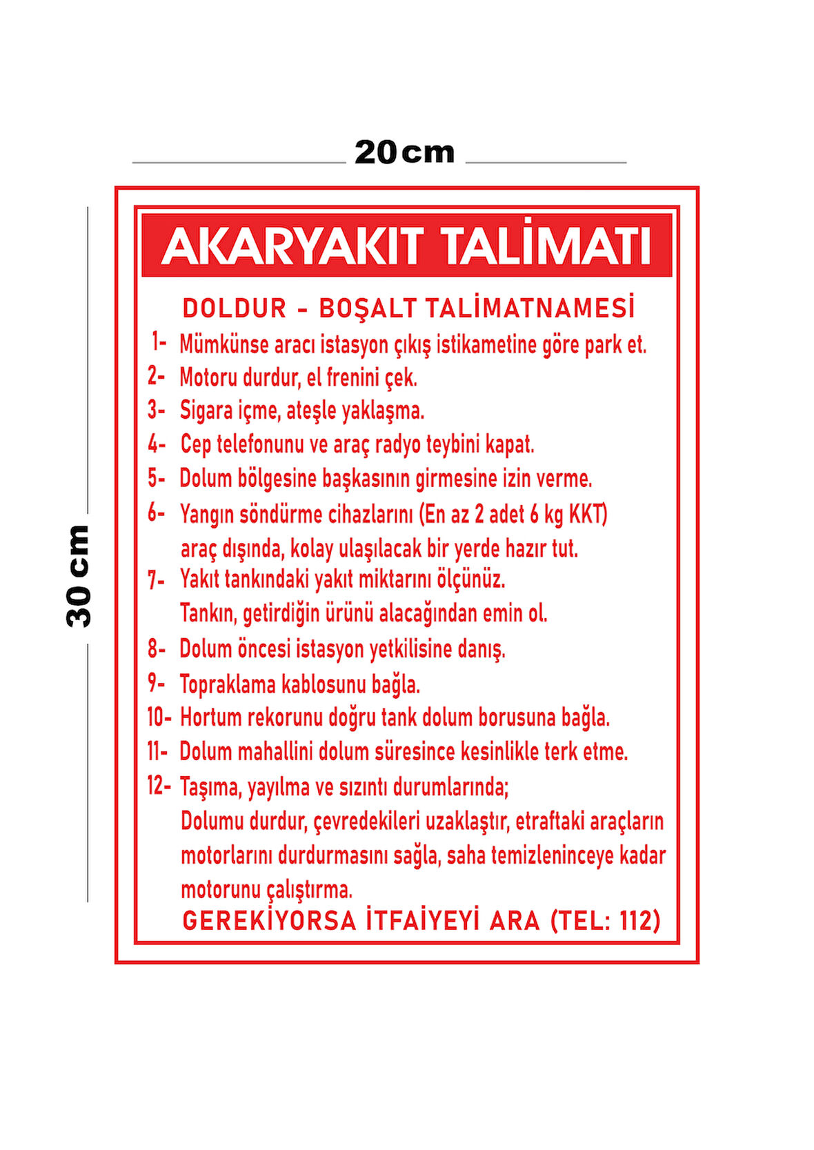 Metal Akaryakıt Talimatı 20cm x 30cm A4 Büyüklüğünde Uyarı Levhası Yönlendirme Tabelası