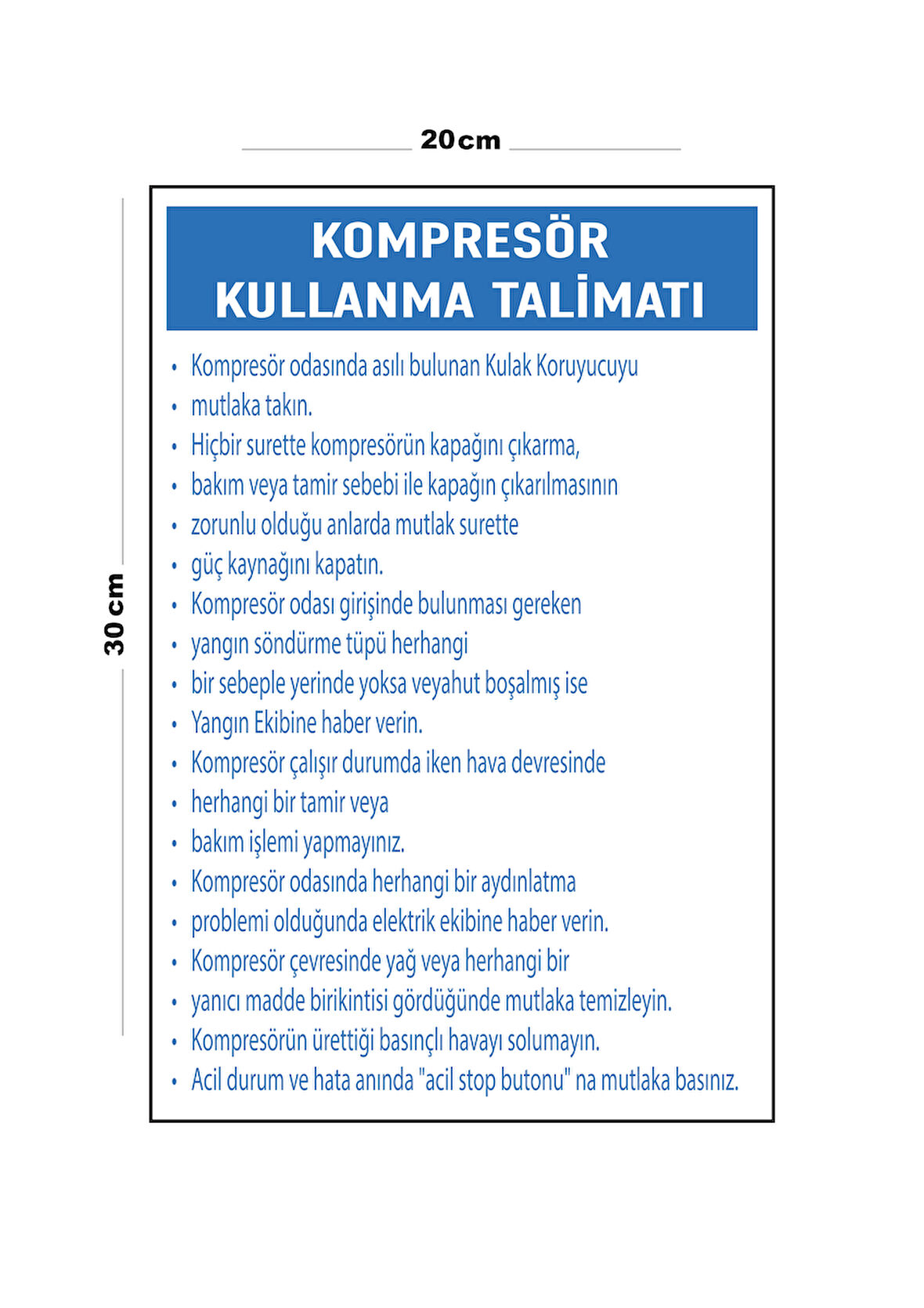 Metal Kompresör Kullanma Talimatı 20cm x 30cm A4 Büyüklüğünde Uyarı Levhası Yönlendirme Tabelası