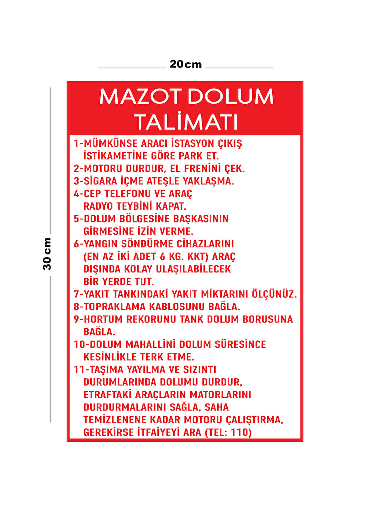 Metal Mazot Dolum Talimatı 20cm x 30cm A4 Büyüklüğünde Uyarı Levhası Yönlendirme Tabelası
