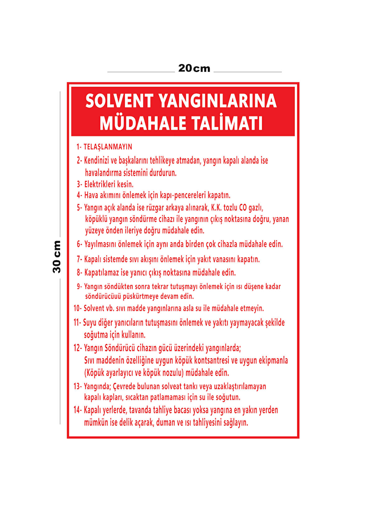 Metal Solvent Yangınlarına Müdahale Talimatı 20cm x 30cm A4 Büyüklüğünde Uyarı Levhası Yönlendirme