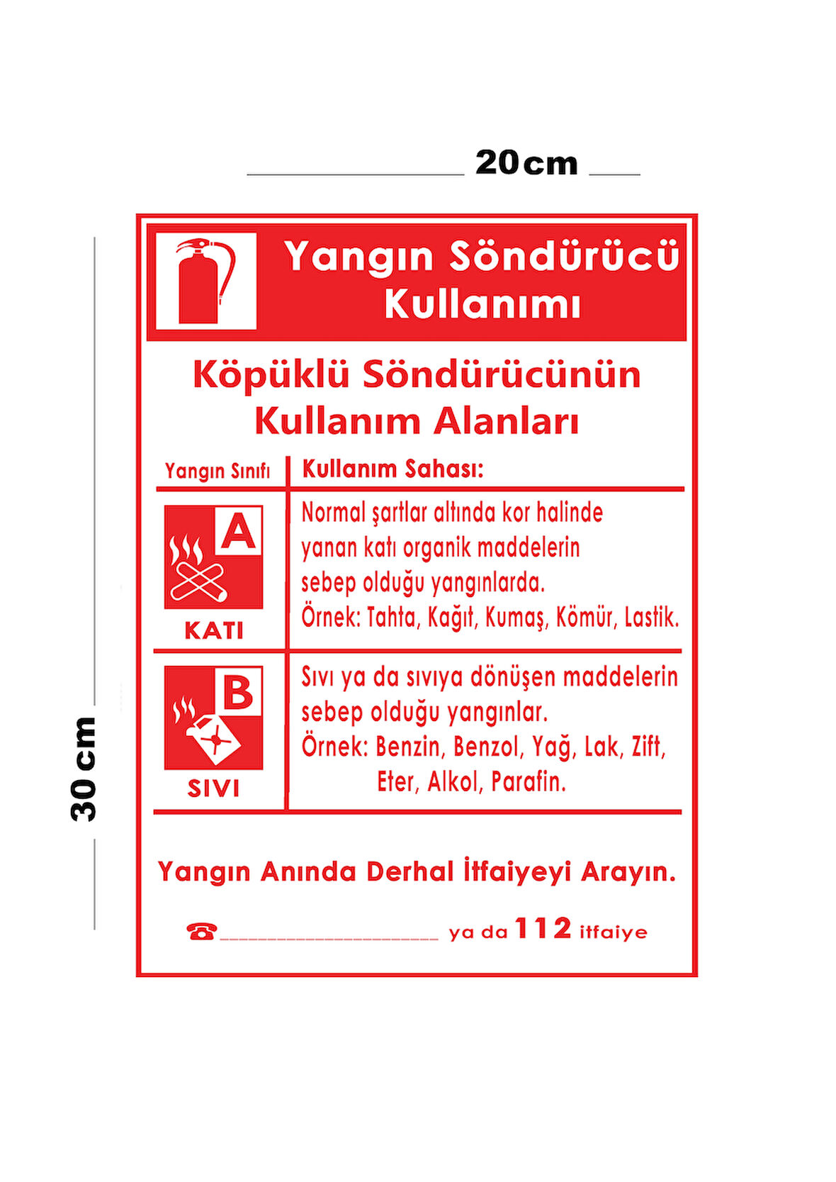 Metal Yangın Söndürücü Kullanımı 20cm x 30cm A4 Büyüklüğünde Uyarı Levhası Yönlendirme Tabelası