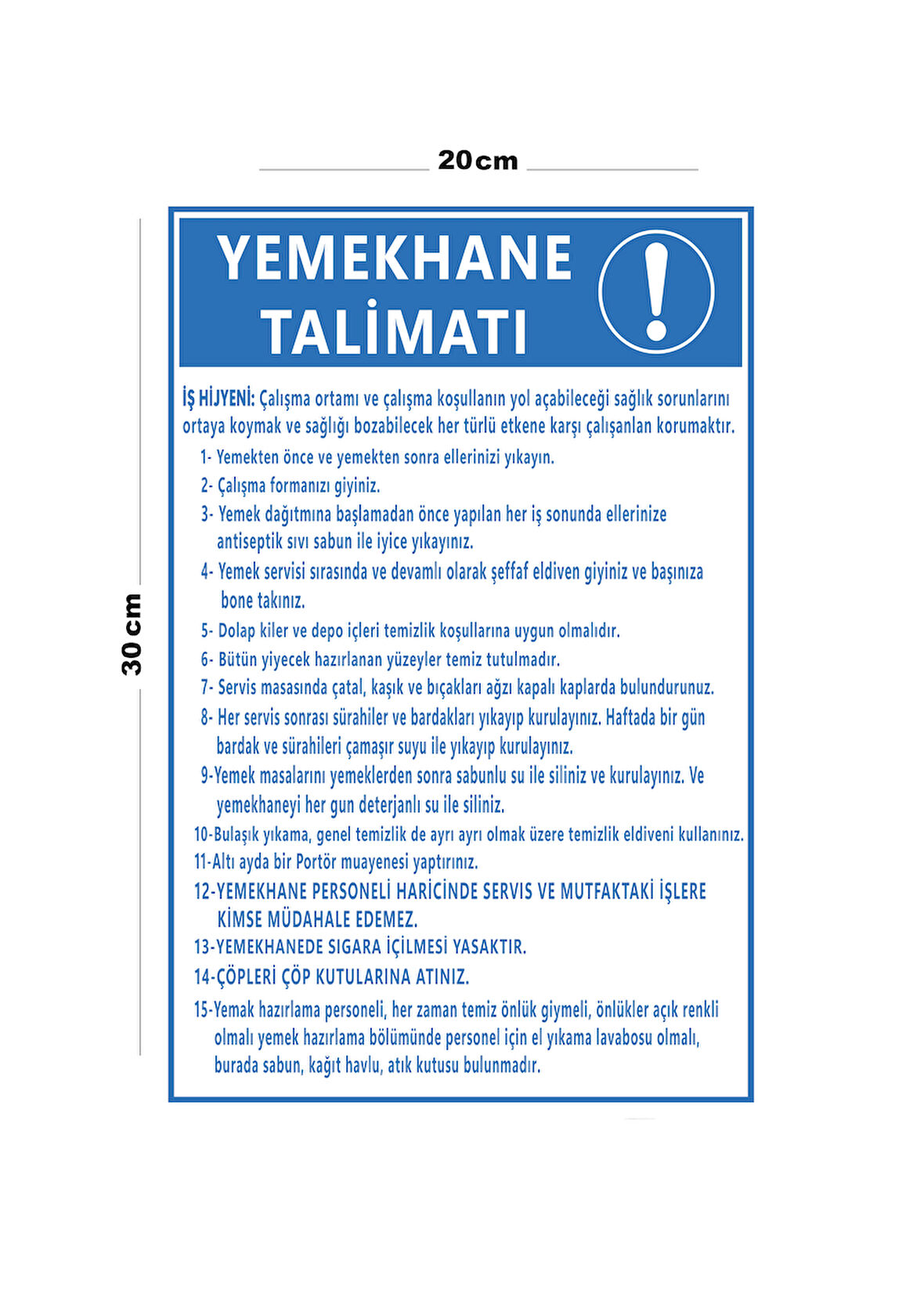 Metal Yemekhane Talimatı 20cm x 30cm A4 Büyüklüğünde Uyarı Levhası Yönlendirme Tabelası