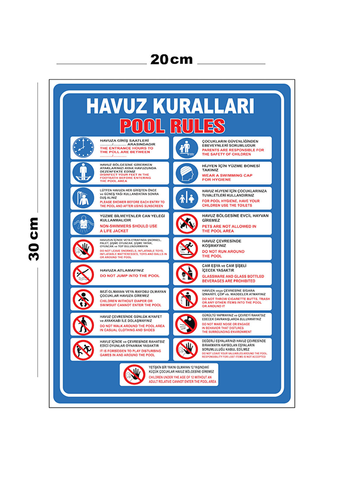 Metal Havuz Kuralları 20cm x 30cm A4 Büyüklüğünde Uyarı Levhası Yönlendirme Tabelası