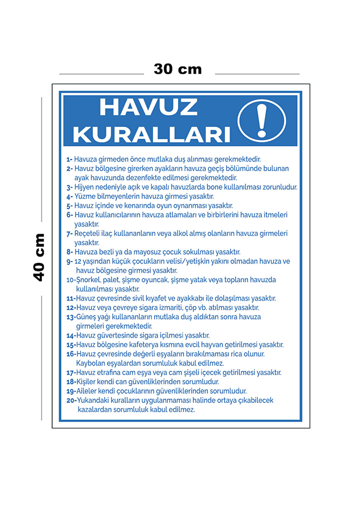 Metal Havuz Kuralları 30 cm x 40 cm A3 Büyüklüğünde Uyarı Levhası Yönlendirme Tabelası