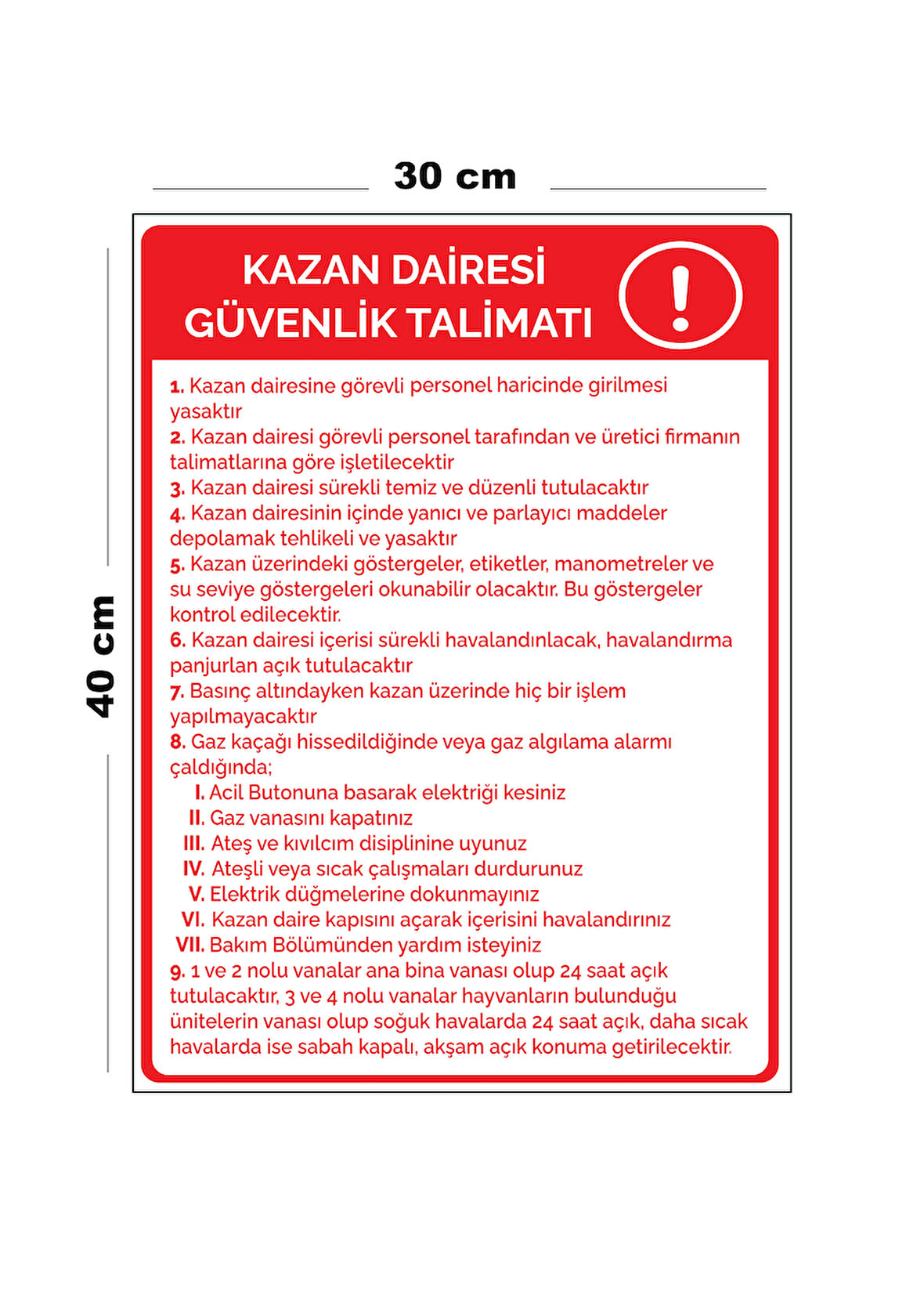 Metal Kazan Dairesi Güvenlik Talimatı 30 cm x 40 cm A3 Büyüklüğünde Uyarı Levhası Yönlendirme Tabela