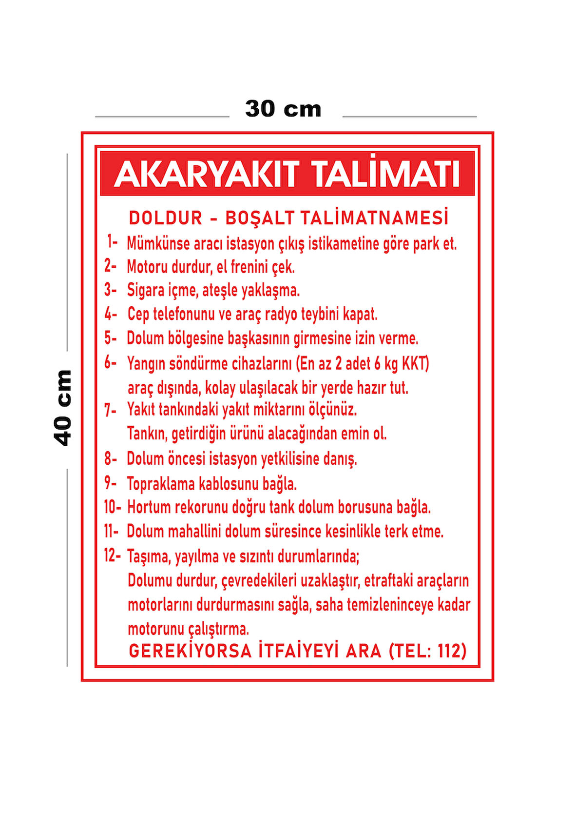 Metal Akaryakıt Talimatı 30 cm x 40 cm A3 Büyüklüğünde Uyarı Levhası Yönlendirme Tabelası