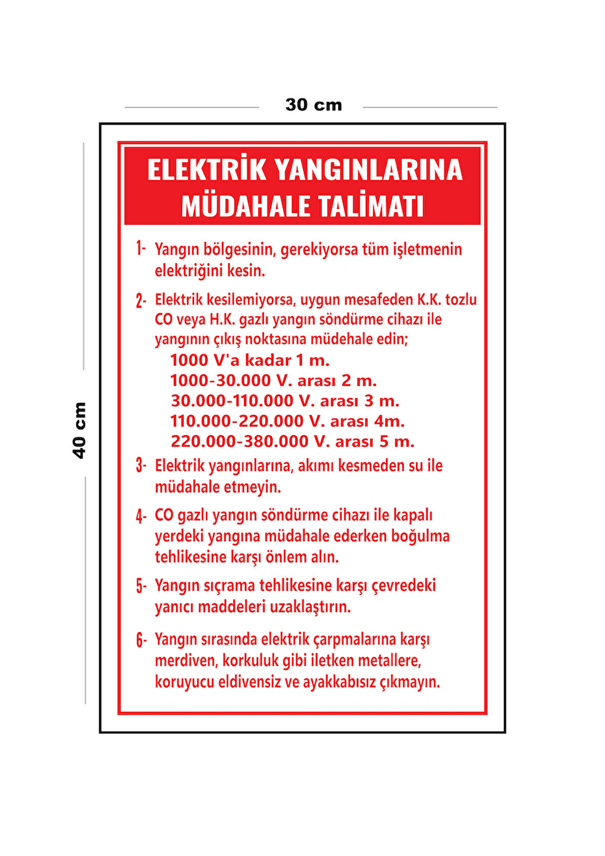 Metal Elektrik Yangınlarına Müdahale Talimatı 30 cm x 40 cm A3 Büyüklüğünde Uyarı Levhası Yönlendir