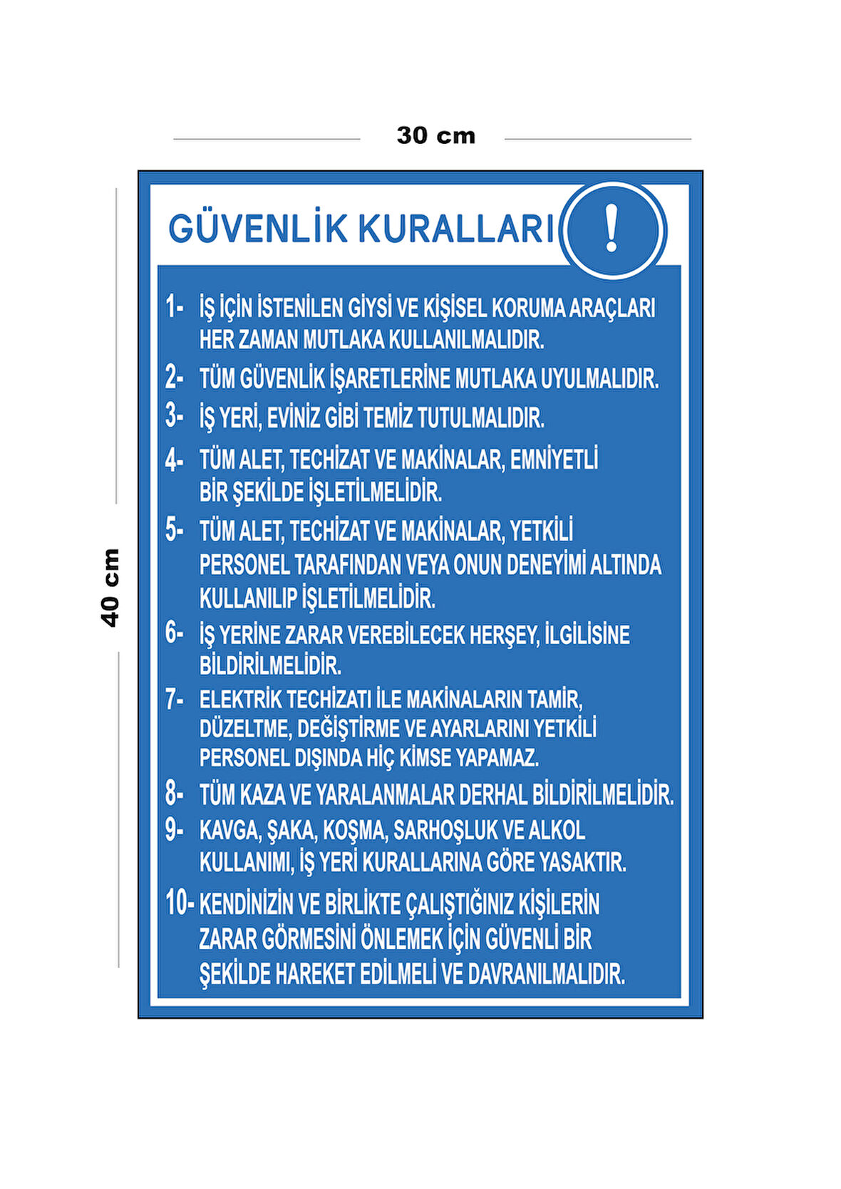 Metal Güvenlik Kuralları 30 cm x 40 cm A3 Büyüklüğünde Uyarı Levhası Yönlendirme Tabelası