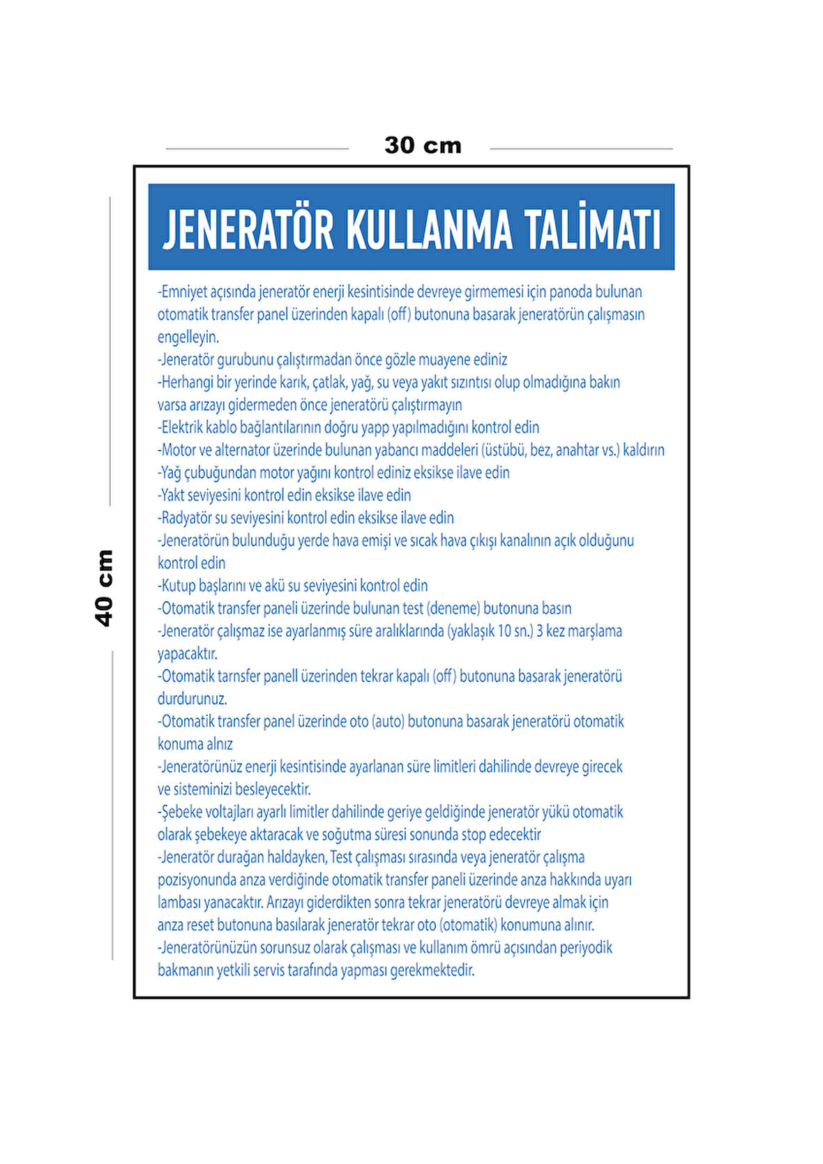 Metal Jeneratör Kullanma Talimatı 30 cm x 40 cm A3 Büyüklüğünde Uyarı Levhası Yönlendirme Tabelası
