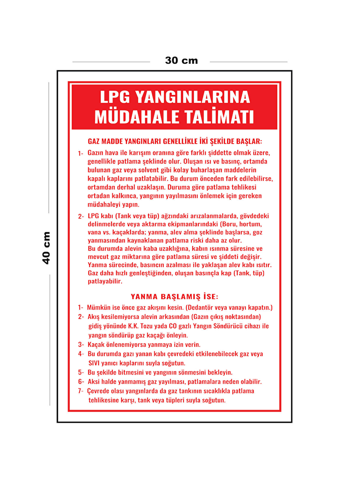 Metal LPG Yangınlarına Müdahale Talimatı 30 cm x 40 cm A3 Büyüklüğünde Uyarı Levhası Yönlendirme