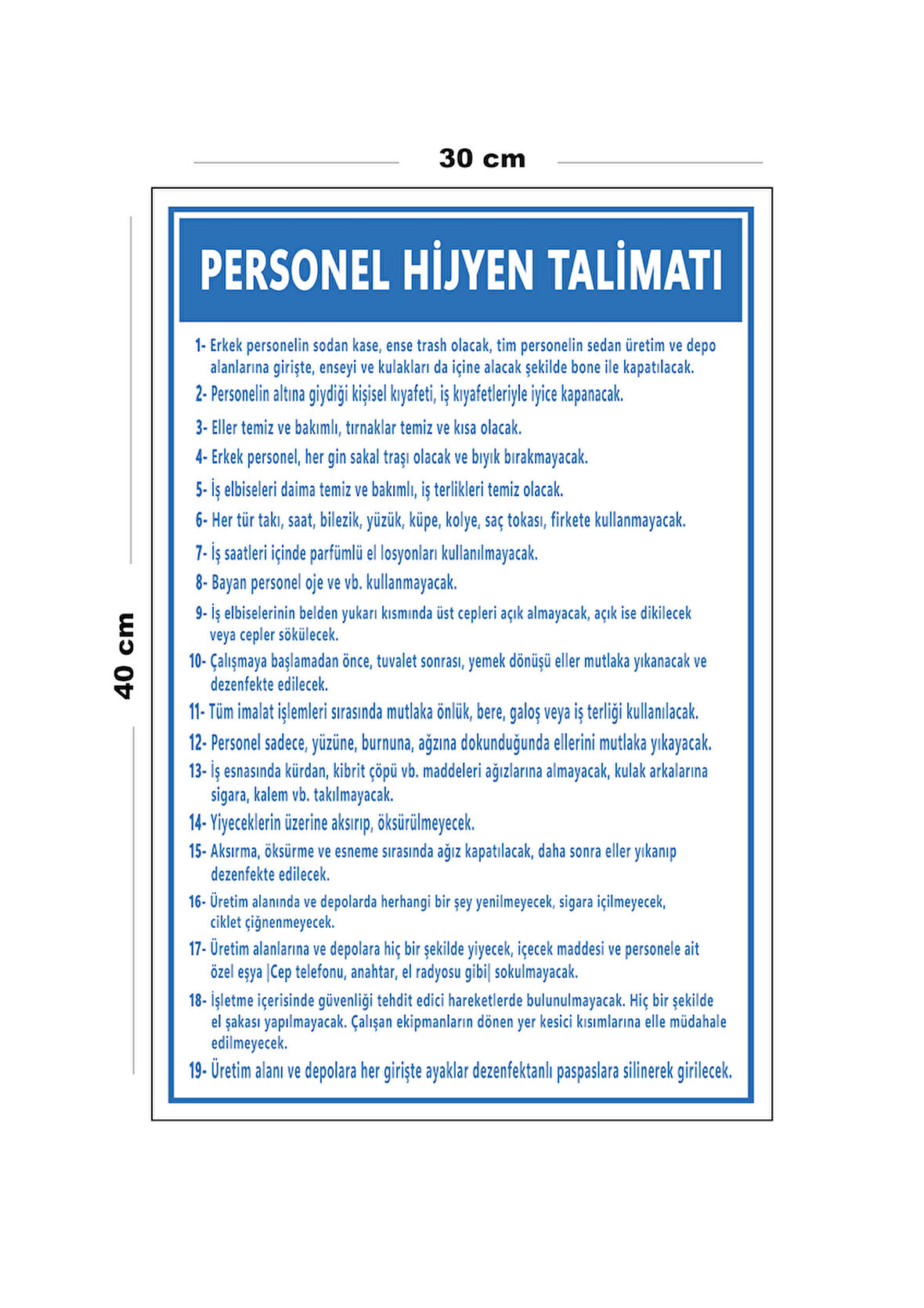 Metal Personel Hijyen Talimatı 30 cm x 40 cm A3 Büyüklüğünde Uyarı Levhası Yönlendirme Tabelası