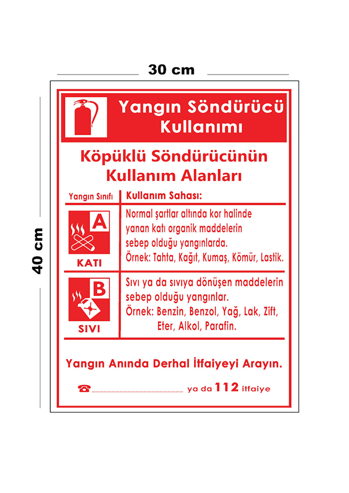 Metal Yangın Söndürücü Kullanımı 30 cm x 40 cm A3 Büyüklüğünde Uyarı Levhası Yönlendirme Tabelası